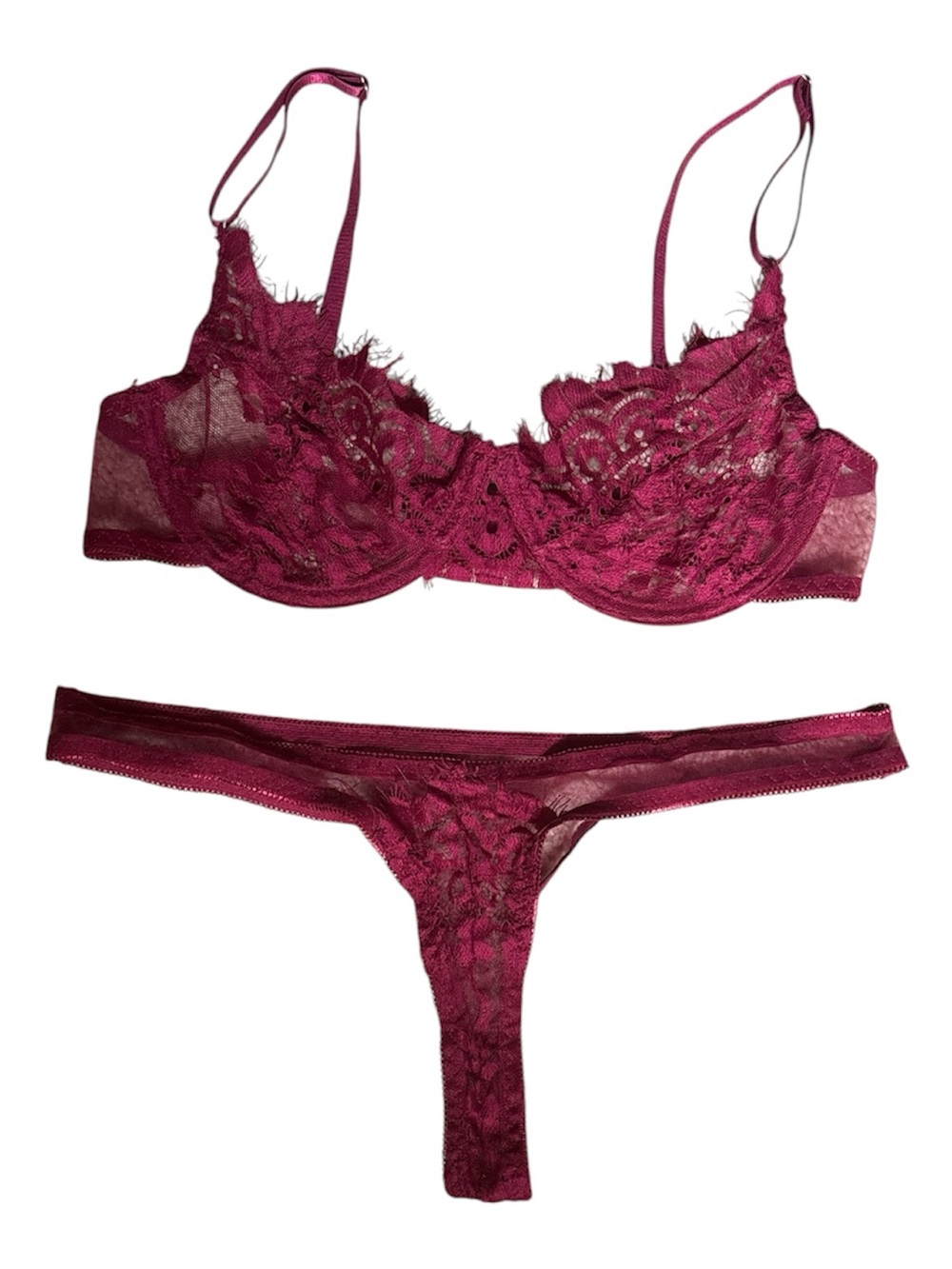 Lace Underwire Bra & Thong Set - Burgundy